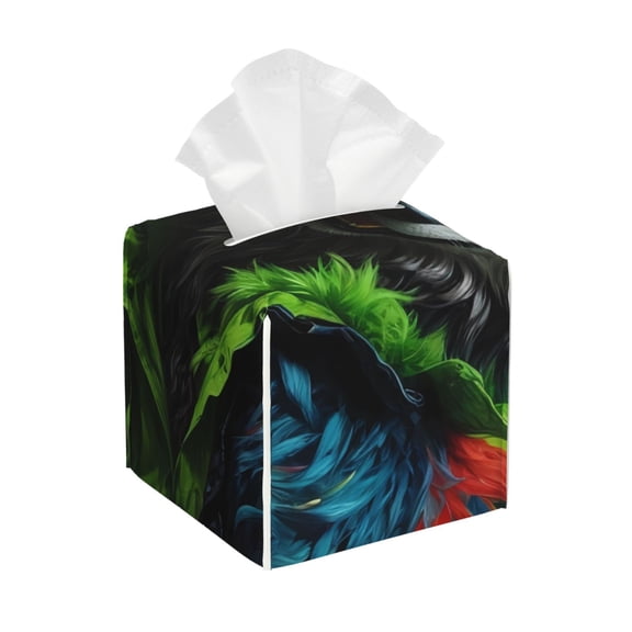 Logiee Tissue Box Cover 5X5X5'' PU Leather Tissue Holder Square Tissue Cube Box Organizer for Bathroom Vanity Countertop,Car,Night Stands,Office,Home,Kitchen (Realistic Style Wolf Warrior)