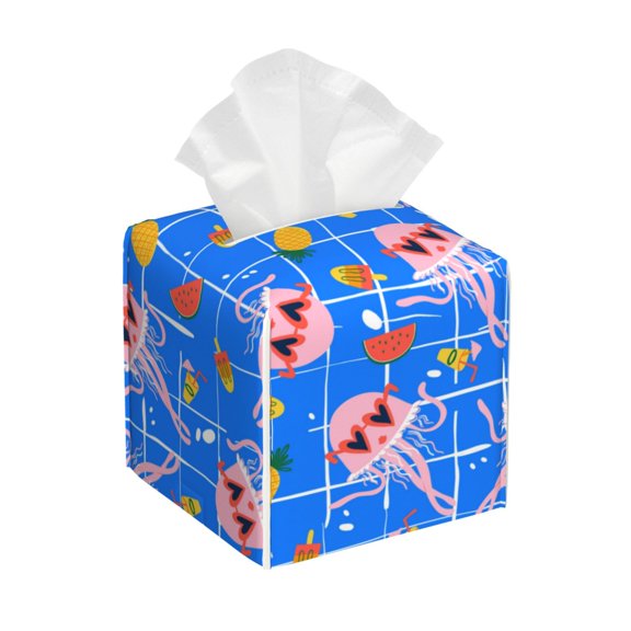 Logiee Tissue Box Cover 5X5X5'' PU Leather Tissue Holder Square Tissue Cube Box Organizer for Bathroom Vanity Countertop,Car,Night Stands,Office,Home,Kitchen (Tropical Jellyfishes)