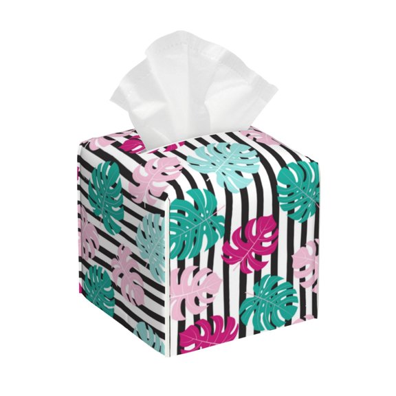 Logiee Tissue Box Cover 5X5X5'' PU Leather Tissue Holder Square Tissue Cube Box Organizer for Bathroom Vanity Countertop,Car,Night Stands,Office,Home,Kitchen (Tropical Leaves)