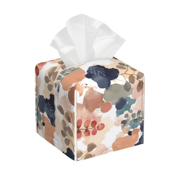 Logiee Tissue Box Cover 5X5X5'' PU Leather Tissue Holder Square Tissue Cube Box Organizer for Bathroom Vanity Countertop,Car,Night Stands,Office,Home,Kitchen (Watercolor Plants)