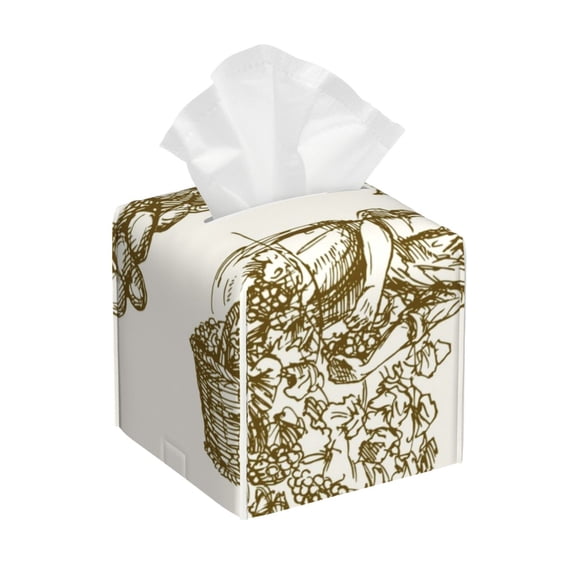 Logiee Tissue Box Cover 5X5X5'' PU Leather Tissue Holder Square Tissue Cube Box Organizer for Bathroom Vanity Countertop,Car,Night Stands,Office,Home,Kitchen (Workers Cutting Grapes From Vineyard)
