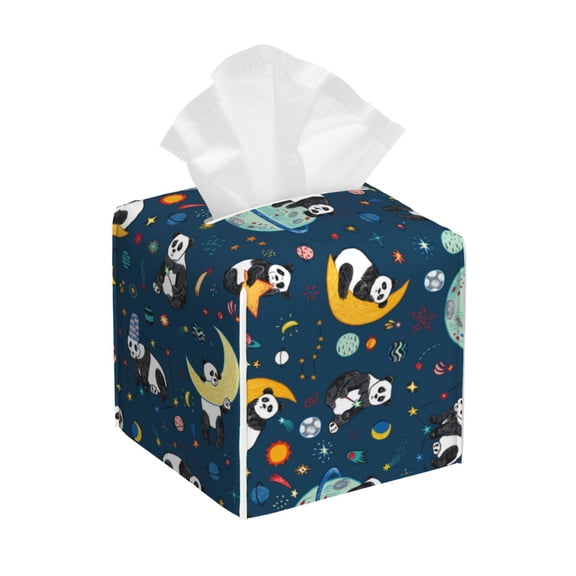 Logiee Tissue Box Cover 5X5X5'' PU Leather Tissue Holder Square Tissue Cube Box Organizer for Bathroom Vanity Countertop,Car,Night Stands,Office,Home,Kitchen (Space Sleeping Panda)