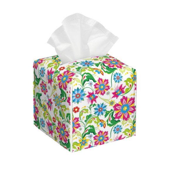 Logiee Tissue Box Cover 5X5X5'' PU Leather Tissue Holder Square Tissue Cube Box Organizer for Bathroom Vanity Countertop,Car,Night Stands,Office,Home,Kitchen (Vector Mexican Otomi Style Bright)