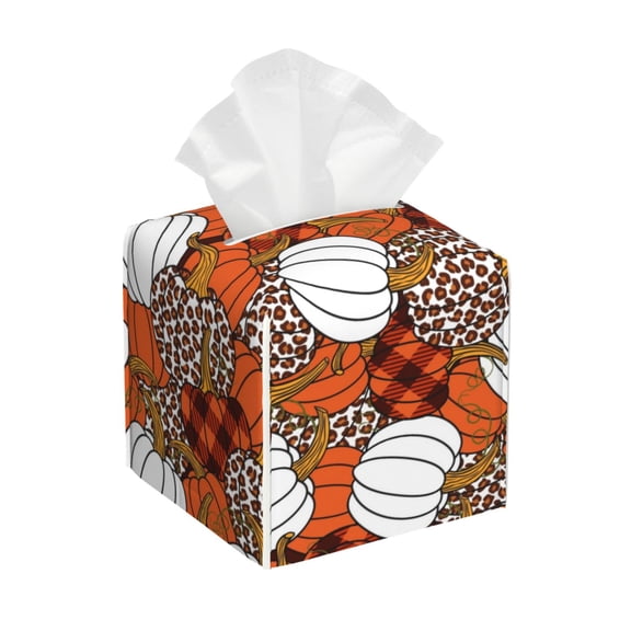 Logiee Tissue Box Cover 5X5X5'' PU Leather Tissue Holder Square Tissue Cube Box Organizer for Bathroom Vanity Countertop,Car,Night Stands,Office,Home,Kitchen (Various Pumpkins)