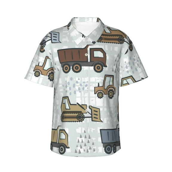 Logiee Tractor and Dumper Print Mens Hawaiian Shirts,Loose-Fit Short Sleeve Button Down Tropical Aloha Beach Shirt,Summer Vacation Wedding Tops,X-Large