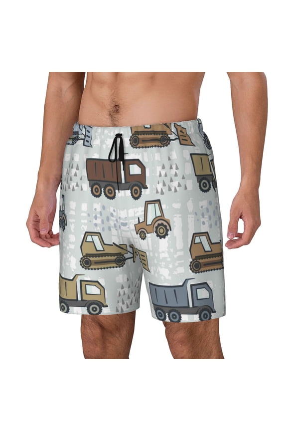 Tractor and Dumper Print Men's Swim Trunk,Quick Dry Board Shorts ,Men's Swim Trunks with Compression Liner, Bathing Suits with Pockets-Medium