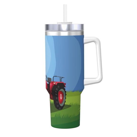 Logiee Tractor on farming land Print 40OZ Ice Bully Cup with Handle and Straw, Double Wall Stainless Steel Tumbler,Travel Coffee Cup with Lid, Summer Insulation and Cooling Cup