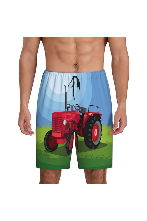 Tractor on farming land Print Men's Pajama Shorts with Drawstring & Pockets,Sleep Shorts for Men,Sleepwear Bottoms,Elastic Waistband Loungewear-Medium