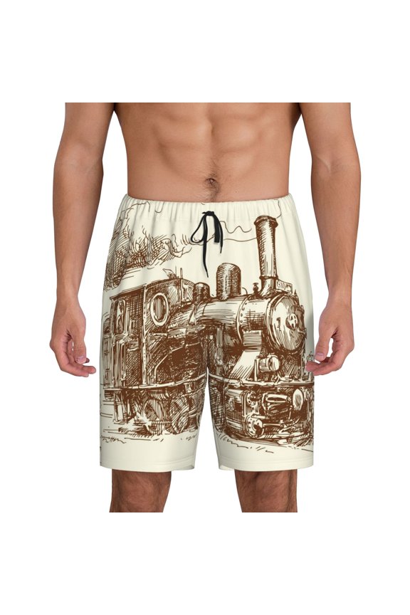 Train Print Men's Pajama Shorts with Drawstring & Pockets,Sleep Shorts for Men,Sleepwear Bottoms,Elastic Waistband Loungewear-Large