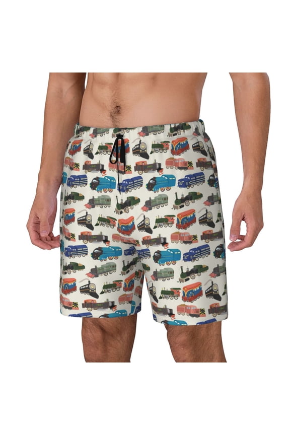 Train Print Men's Swim Trunk,Quick Dry Board Shorts ,Men's Swim Trunks with Compression Liner, Bathing Suits with Pockets-Small