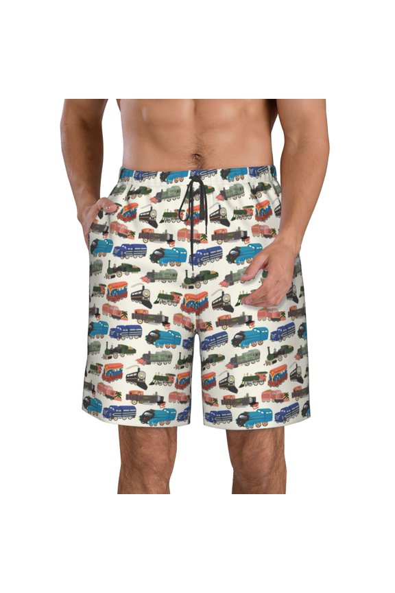 Train Print Mens Swim Trunks Quick Dry Board Shorts,Breathable Hawaii Beach Shorts Swimwear Bathing Suits-X-Large