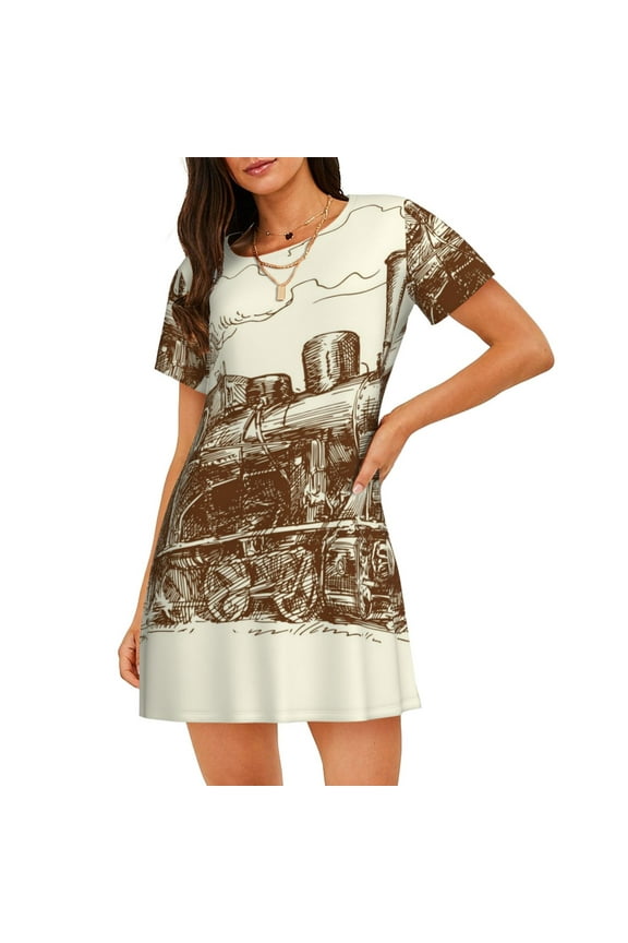 Train Print Nightgowns for Women,Soft Short-Sleeved Lightweight Sleepwear, Loose Sleepshirts