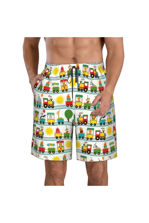 Train With Animals Print Mens Swim Trunks Quick Dry Board Shorts,Breathable Hawaii Beach Shorts Swimwear Bathing Suits-