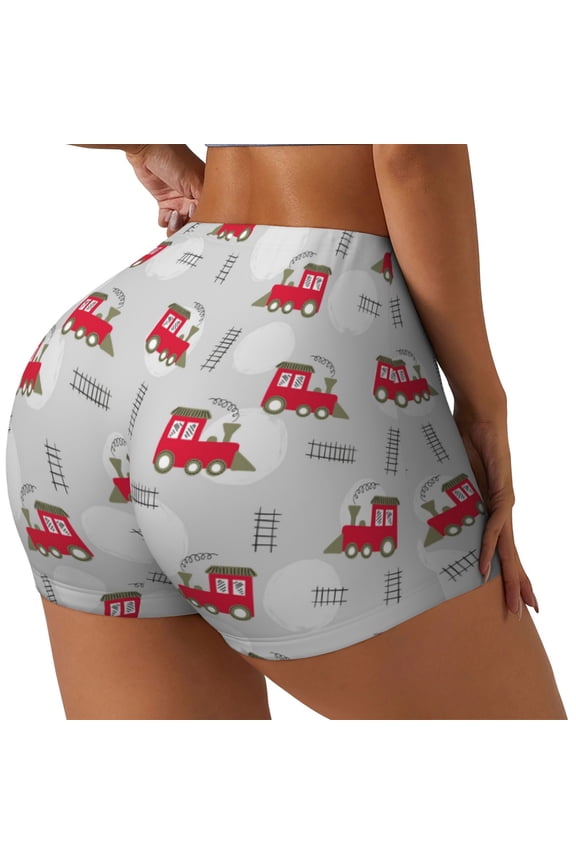 Trains Print Women's Biker Shorts,Workout Gym Shorts,Scrunch Shorts,Tummy Control Hidden Scrunch Running Yoga Shorts-Small