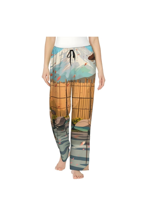 Tranquil Garden Landscape Print Women Pajama Pants,Comfy Pj Bottom with Pockets & Drawstring,Stretch Casual Sleepwear-Large