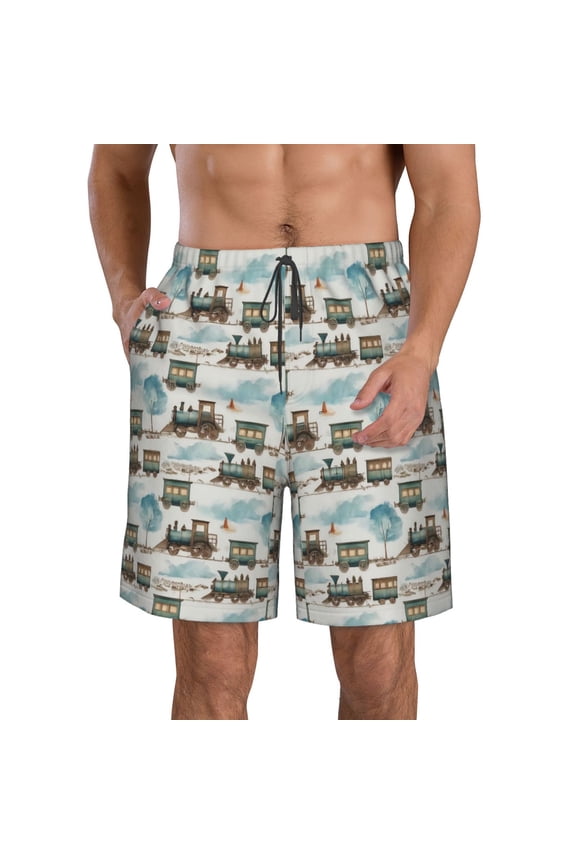 Transport Train Print Mens Swim Trunks Quick Dry Board Shorts,Breathable Hawaii Beach Shorts Swimwear Bathing Suits-X-Large
