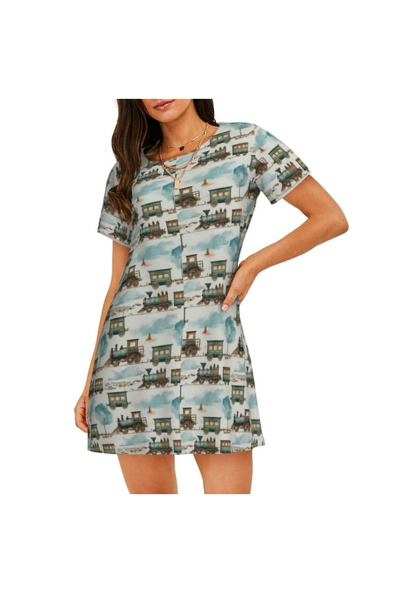 Transport Train Print Nightgowns for Women,Soft Short-Sleeved Lightweight Sleepwear, Loose Sleepshirts