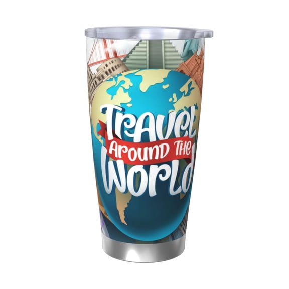 Logiee Travel Around The World Print 20OZ Car Cup with Lid, Stainless Steel Vacuum Insulated Double Wall Travel Tumbler, Durable Insulated Coffee Mug,Thermal Cup with Straw-Without Straw