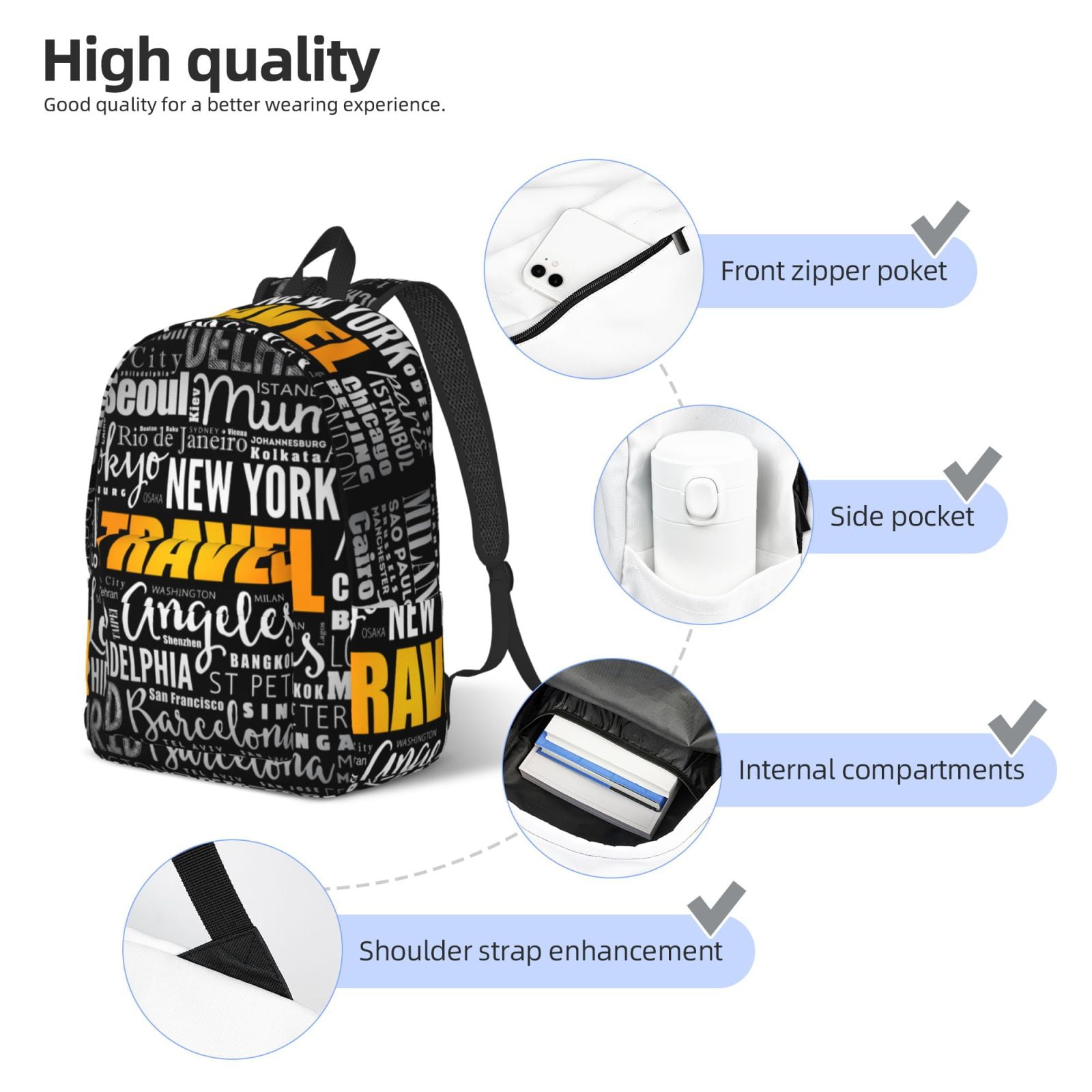 Logiee Travel Print Unisex Canvas Backpack,Travel Daypack Backpack,Student Rucksack,Laptop Backpack