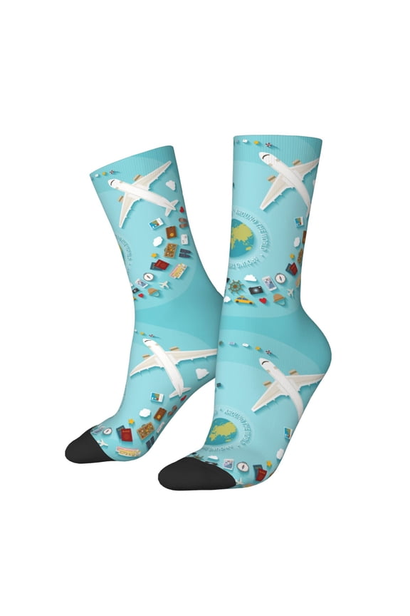 Travelling on Airplane Print Adult Socks for Men & Women,Calf Socks, Ankle Socks,Boots Socks,Breathable Casual Sock,Unisex Crew Socks