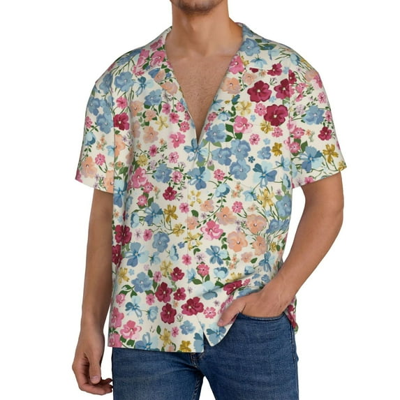 Logiee Trendy Floral Design Print Men's Button Down Shirts Short Sleeve, Summer Beach Shirts,Vacation Wedding Shirts,Men's Casual Button-Down Shirts with Pocket-4X-Large