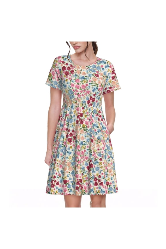 Trendy Floral Design Print Womens Summer Dress,Casual Short Sleeve Sundresses,Beach A-line Shift Dress with Pockets
