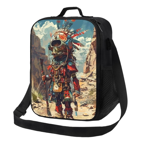 Logiee Tribal Futuristic Warrior Print Insulated Lunch Bag for Women/Men, Reusable Lunch Box for Office Work School Picnic Beach,Leakproof Freezable Cooler Bag with Shoulder Strap