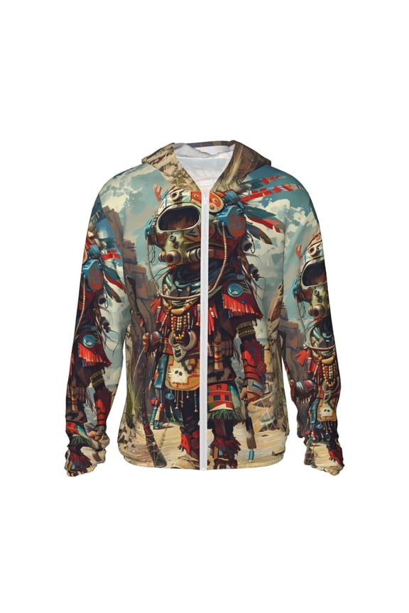 Tribal Futuristic Warrior Print Men's Women Light Jacket Full Zip Sun Protection Hoodie Long Sleeve Sun Shirts for Men Hiking Fishing Zip Pockets-Large