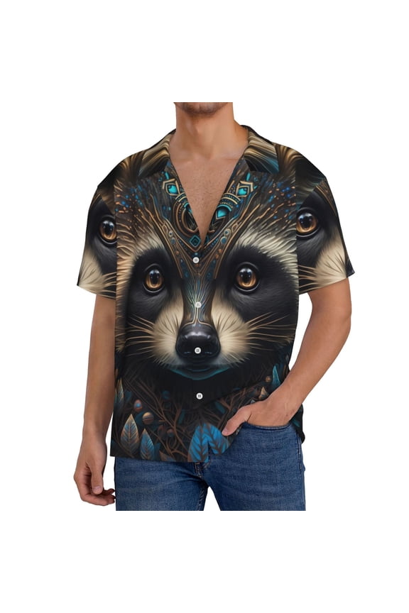 Tribal Style Raccoon Print Men's Button Down Shirts Short Sleeve, Summer Beach Shirts,Vacation Wedding Shirts,Men's Casual Button-Down Shirts with Pocket-3X-Large