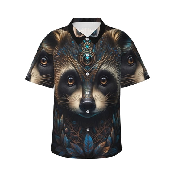 Logiee Tribal Style Raccoon Print Mens Hawaiian Shirts,Loose-Fit Short Sleeve Button Down Tropical Aloha Beach Shirt,Summer Vacation Wedding Tops,Small