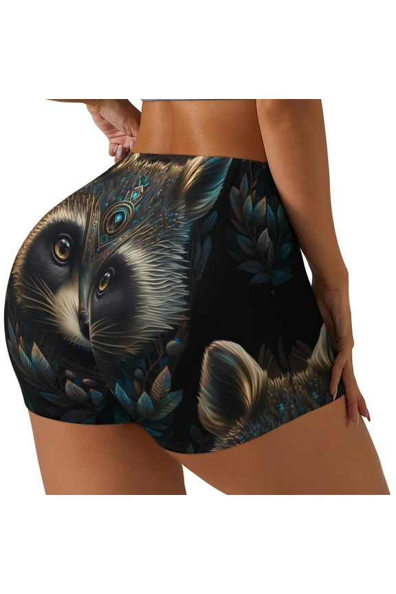 Tribal Style Raccoon Print Women's Biker Shorts,Workout Gym Shorts,Scrunch Shorts,Tummy Control Hidden Scrunch Running Yoga Shorts-XX-Large