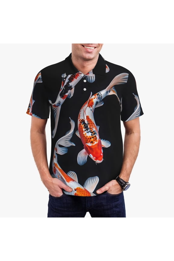 Tricolor Koi Fish Trio Print Mens Polo Shirts,Mens Golf Polo Shirts,Short Sleeve Casual Polo Shirts for Men,Summer Fashion Beach Shirts-XX-Large