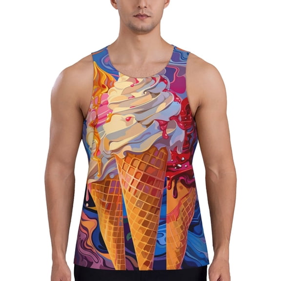 Logiee Trio Of Dripping Cones Print Men's Workout Tank Top,Quick Dry Workout Tank Top,Gym Muscle Tee,Fitness Bodybuilding Sleeveless T Shirt-Small