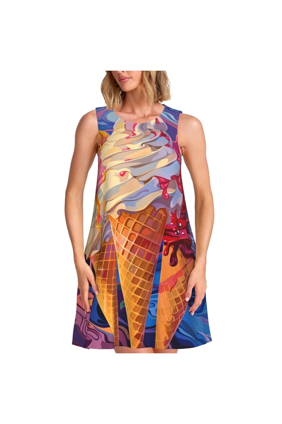 Trio Of Dripping Cones Print Summer Dresses for Women,Beach Sleeveless Flowy Pocket Tshirt Tank Sundresses,Women's Sleeveless Dress