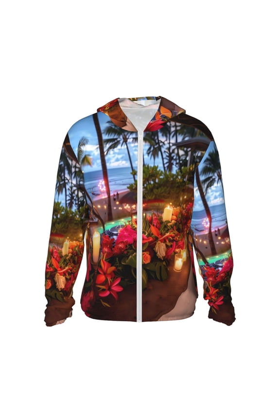 Tropical Beach Candlelight Print Men's Women Light Jacket Full Zip Sun Protection Hoodie Long Sleeve Sun Shirts for Men Hiking Fishing Zip Pockets-Medium