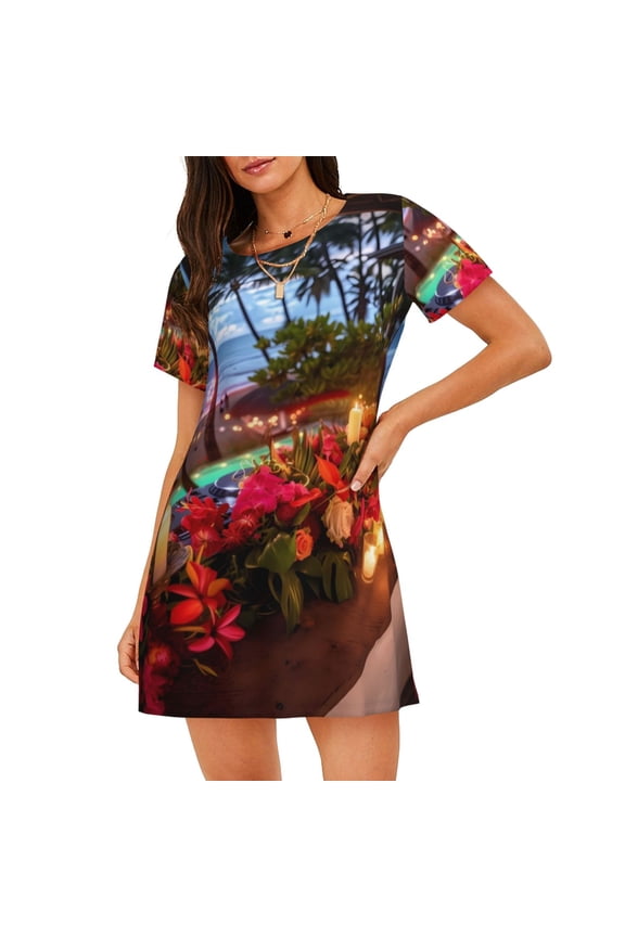 Tropical Beach Candlelight Print Nightgowns for Women,Soft Short-Sleeved Lightweight Sleepwear, Loose Sleepshirts