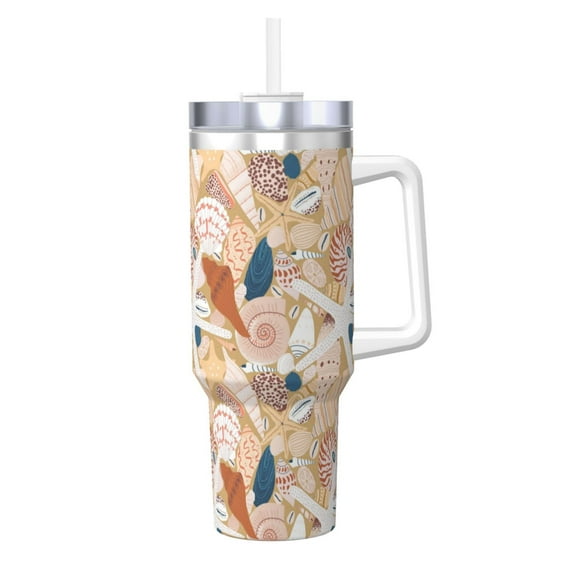 Logiee Tropical Beach Sea Shell Print 40OZ Ice Bully Cup with Handle and Straw, Double Wall Stainless Steel Tumbler,Travel Coffee Cup with Lid, Summer Insulation and Cooling Cup