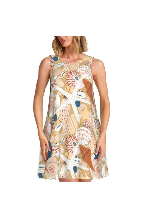 Tropical Beach Sea Shell Print Summer Dresses for Women,Beach Sleeveless Flowy Pocket Tshirt Tank Sundresses,Women's Sleeveless Dress