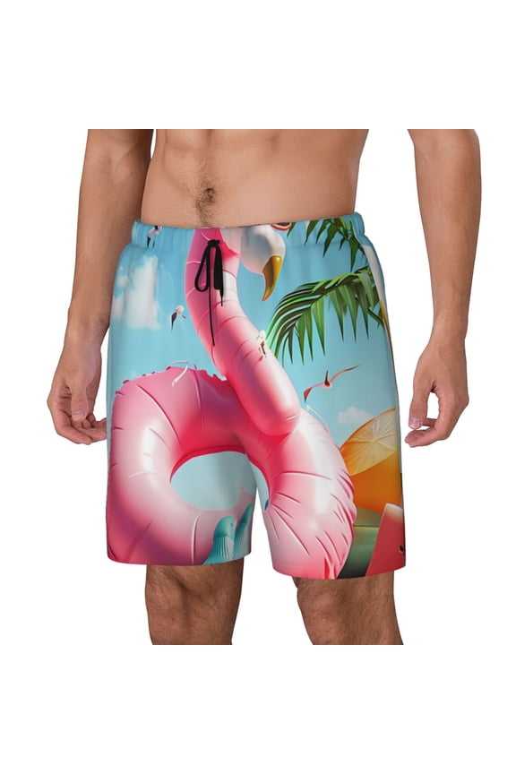 Tropical Flamingo Pool Float Print Men's Swim Trunk,Quick Dry Board Shorts ,Men's Swim Trunks with Compression Liner, Bathing Suits with Pockets-Small