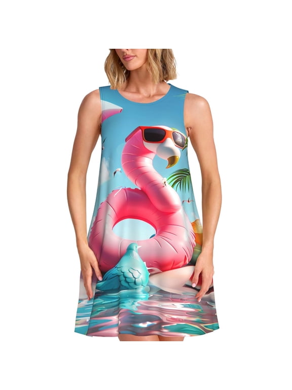 Tropical Flamingo Pool Float Print Summer Dresses for Women,Beach Sleeveless Flowy Pocket Tshirt Tank Sundresses,Women's Sleeveless Dress