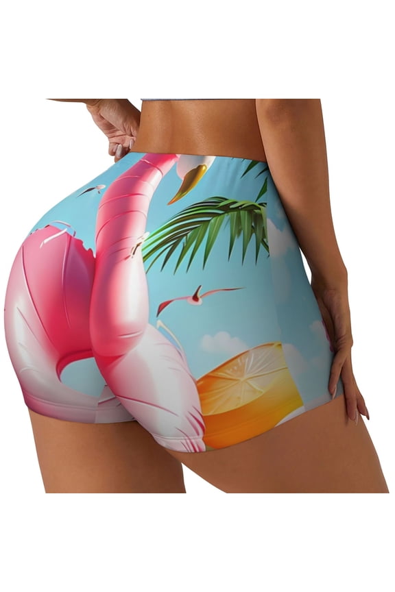 Tropical Flamingo Pool Float Print Women's Biker Shorts,Workout Gym Shorts,Scrunch Shorts,Tummy Control Hidden Scrunch Running Yoga Shorts-XX-Large