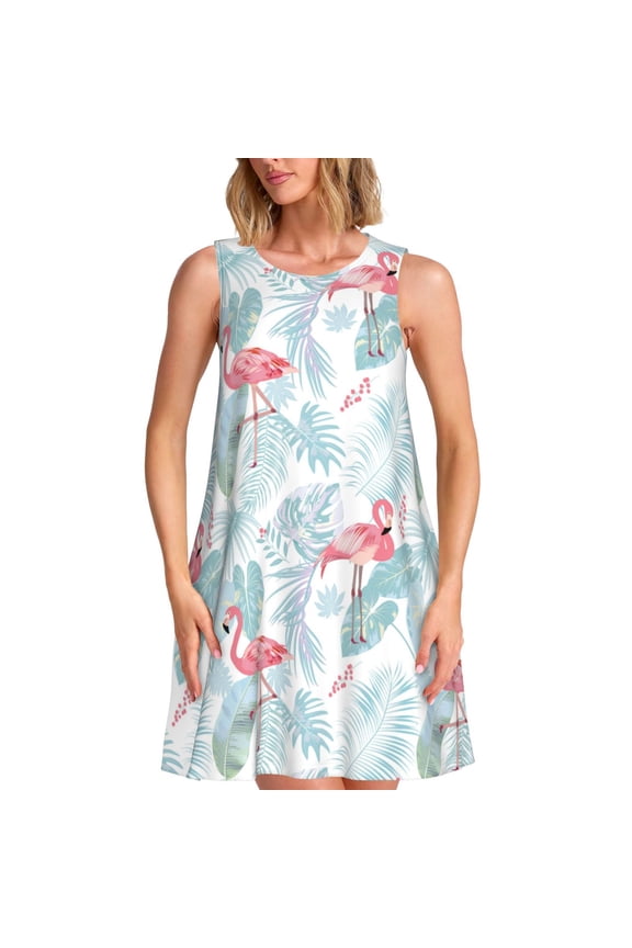 Tropical Flamingo Print Summer Dresses for Women,Beach Sleeveless Flowy Pocket Tshirt Tank Sundresses,Women's Sleeveless Dress