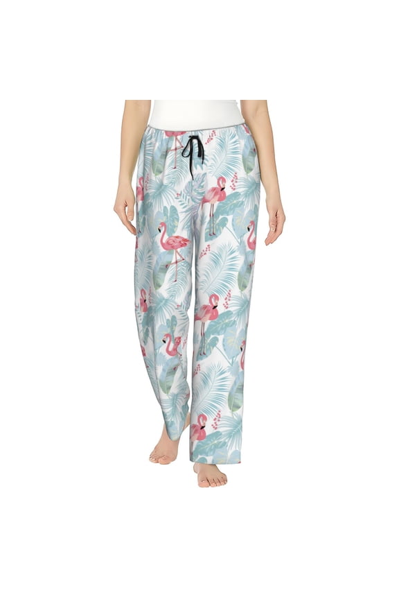 Tropical Flamingo Print Women Pajama Pants,Comfy Pj Bottom with Pockets & Drawstring,Stretch Casual Sleepwear-Large