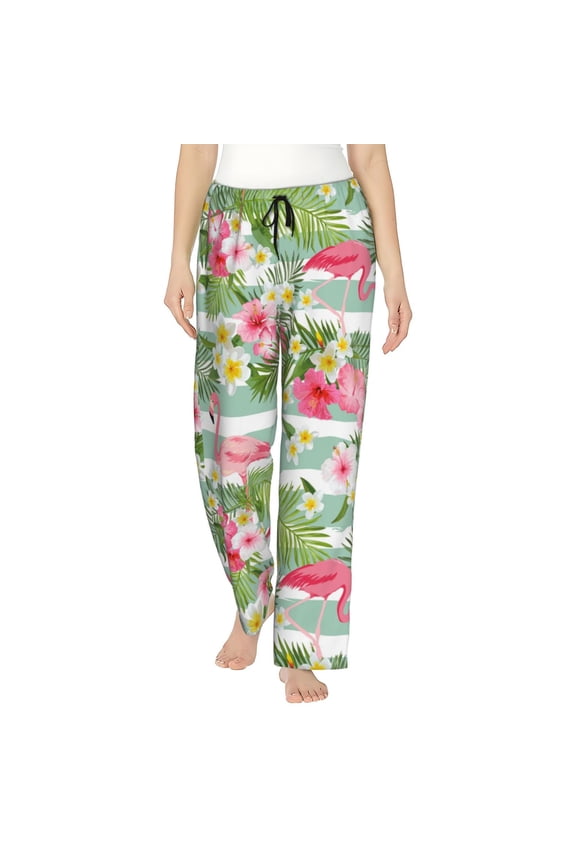 Tropical Flamingo Print Women Pajama Pants,Comfy Pj Bottom with Pockets & Drawstring,Stretch Casual Sleepwear-Large