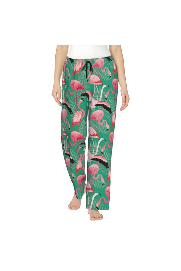 Tropical Flamingo Print Women Pajama Pants,Comfy Pj Bottom with Pockets & Drawstring,Stretch Casual Sleepwear-Medium