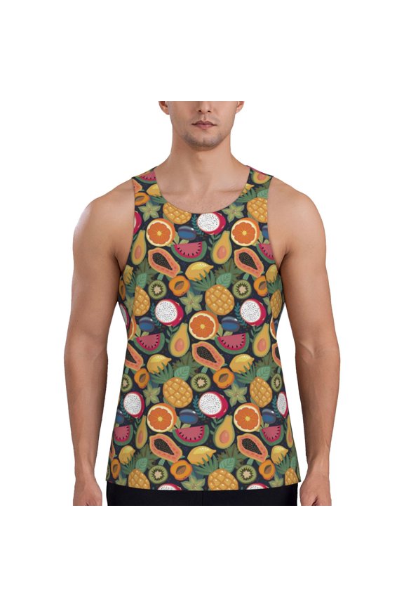 Tropical Fruits Print Men's Workout Tank Top,Quick Dry Workout Tank Top,Gym Muscle Tee,Fitness Bodybuilding Sleeveless T Shirt-3X-Large