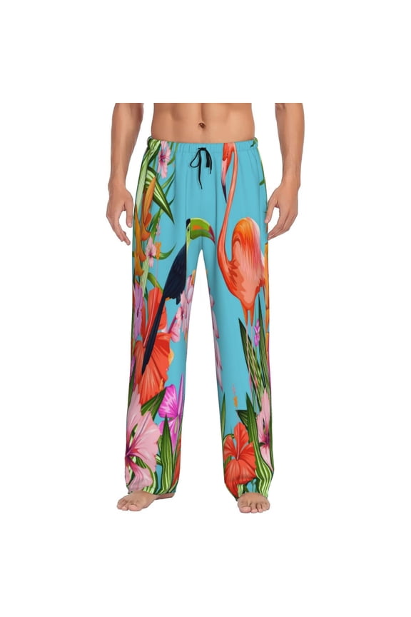 Tropical Jungle Flamingo Print Pajama Pants for Men,Men’s Pajama Bottoms,Mens PJ Pants with Pockets & Button Fly-Large