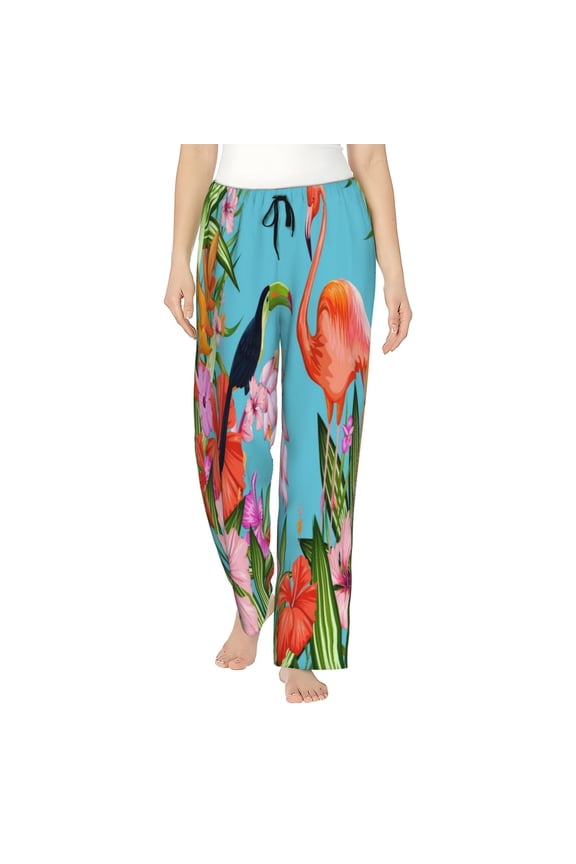 Tropical Jungle Flamingo Print Women Pajama Pants,Comfy Pj Bottom with Pockets & Drawstring,Stretch Casual Sleepwear-Medium