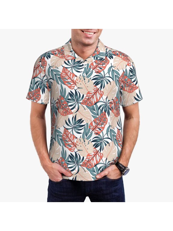 Tropical Leaves Print Mens Polo Shirts,Mens Golf Polo Shirts,Short Sleeve Casual Polo Shirts for Men,Summer Fashion Beach Shirts-Large