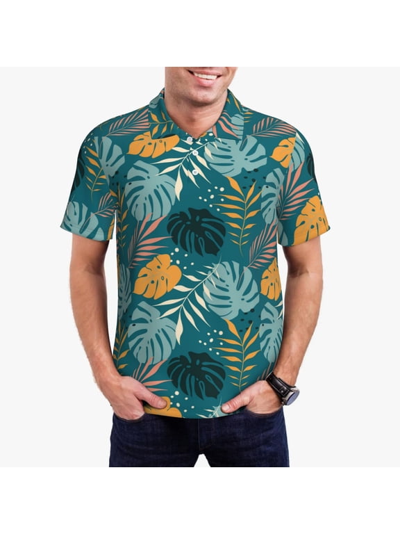 Tropical Leaves Print Mens Polo Shirts,Mens Golf Polo Shirts,Short Sleeve Casual Polo Shirts for Men,Summer Fashion Beach Shirts-Medium
